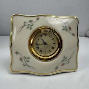 Lenox Porcelain Desk Clock 4" Rosebud Floral Gold Trim (Quartz Roman Numerals)